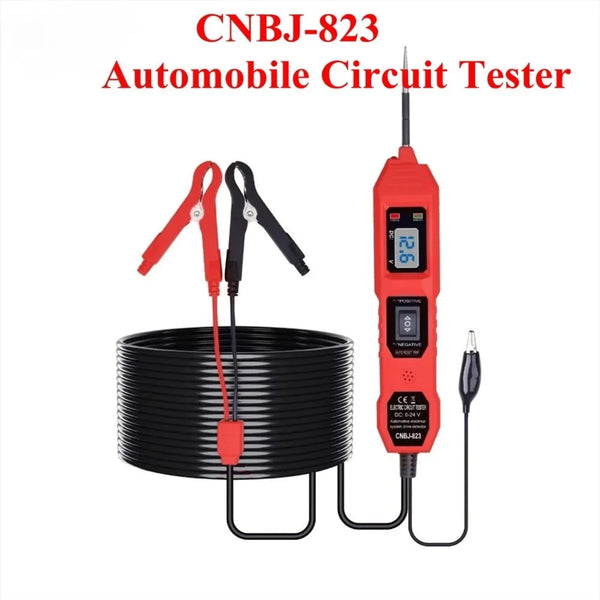 A red automotive circuit tester device with a probe and a black coil is shown.