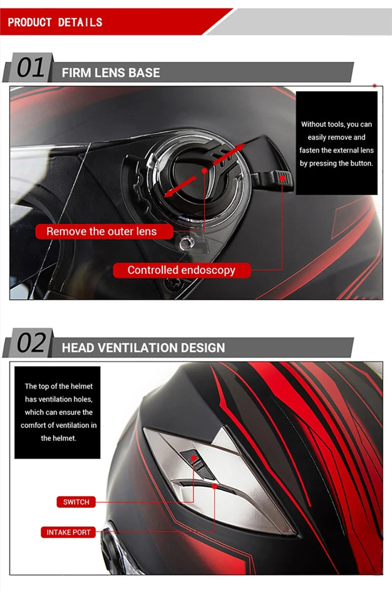 Diagram showing the firm lens base and head ventilation design of a DOT approved men's motorcycle helmet.