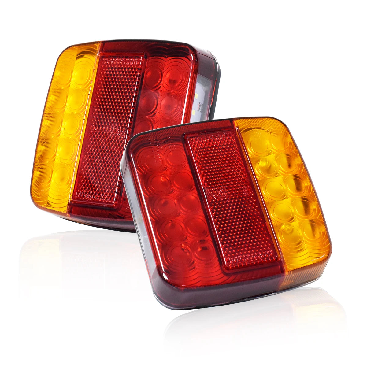 A pair of dual high-brightness truck tail lights, featuring red and amber lenses.