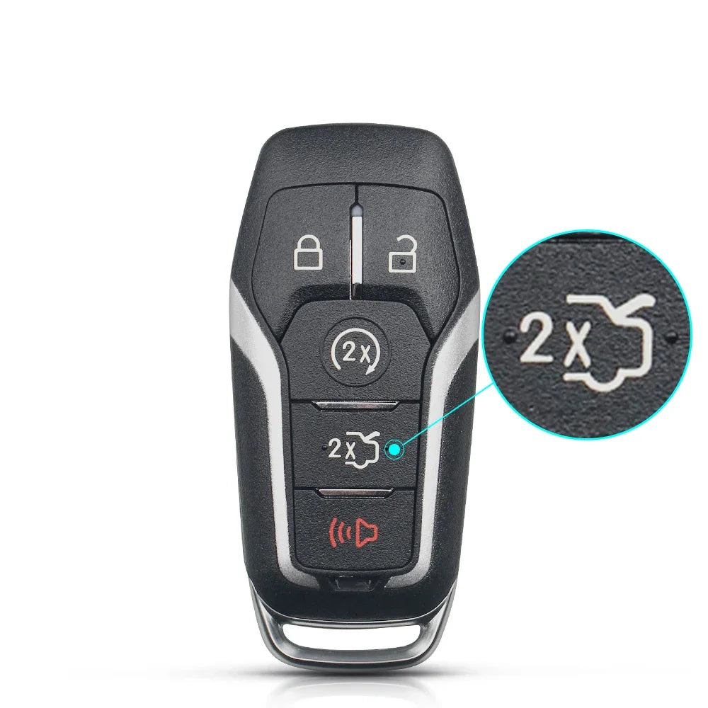 A black smart key shell replacement case with various buttons and a magnified view of the 2x function.