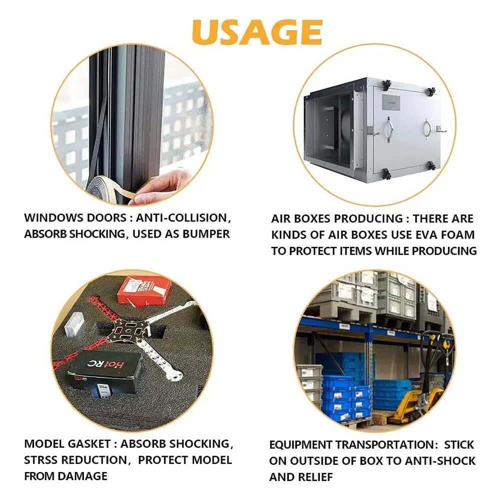 Diagrams showing the usage of durable black EVA foam sealing tape for windows, air boxes, and model gaskets.
