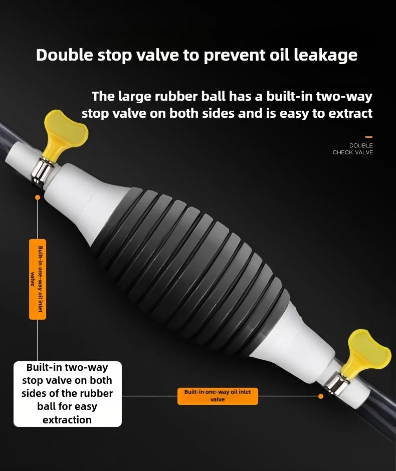 A close-up of a pump with a double stop valve on the rubber ball for preventing oil leakage and easy extraction.