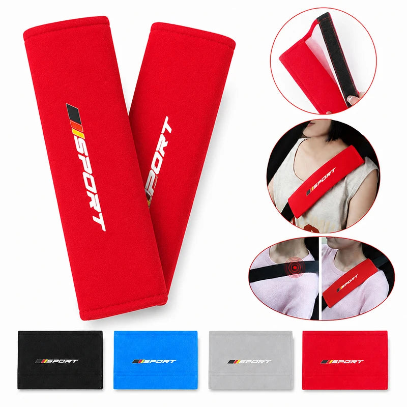 Red and black universal car seat belt shoulder pads shown in various colors and sizes.