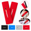 Red and black universal car seat belt shoulder pads shown in various colors and sizes.