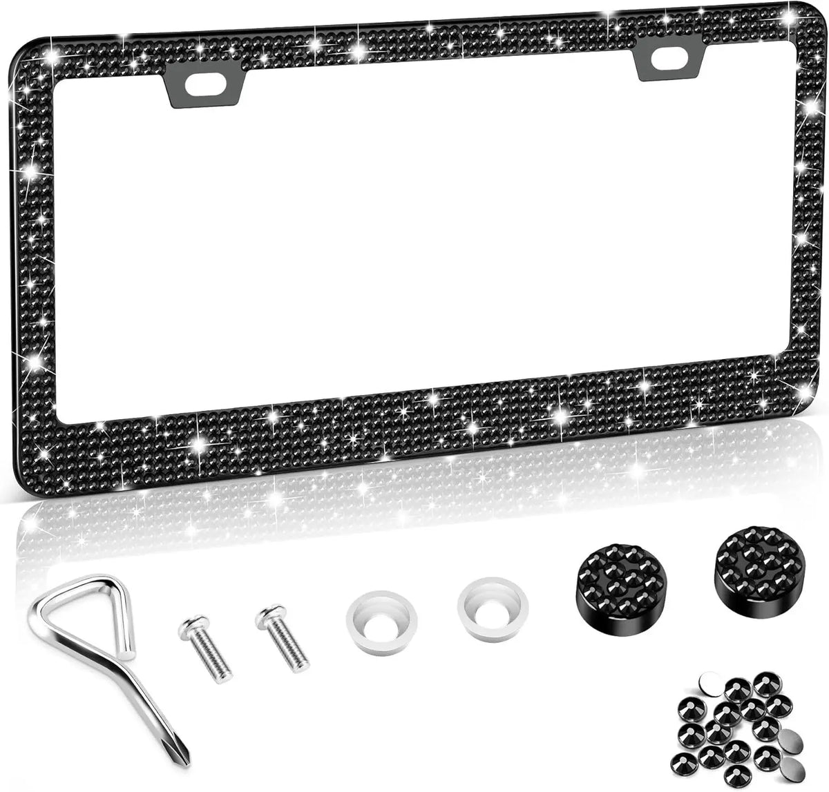 A black rhinestone license plate frame with mounting tabs and various hardware components.