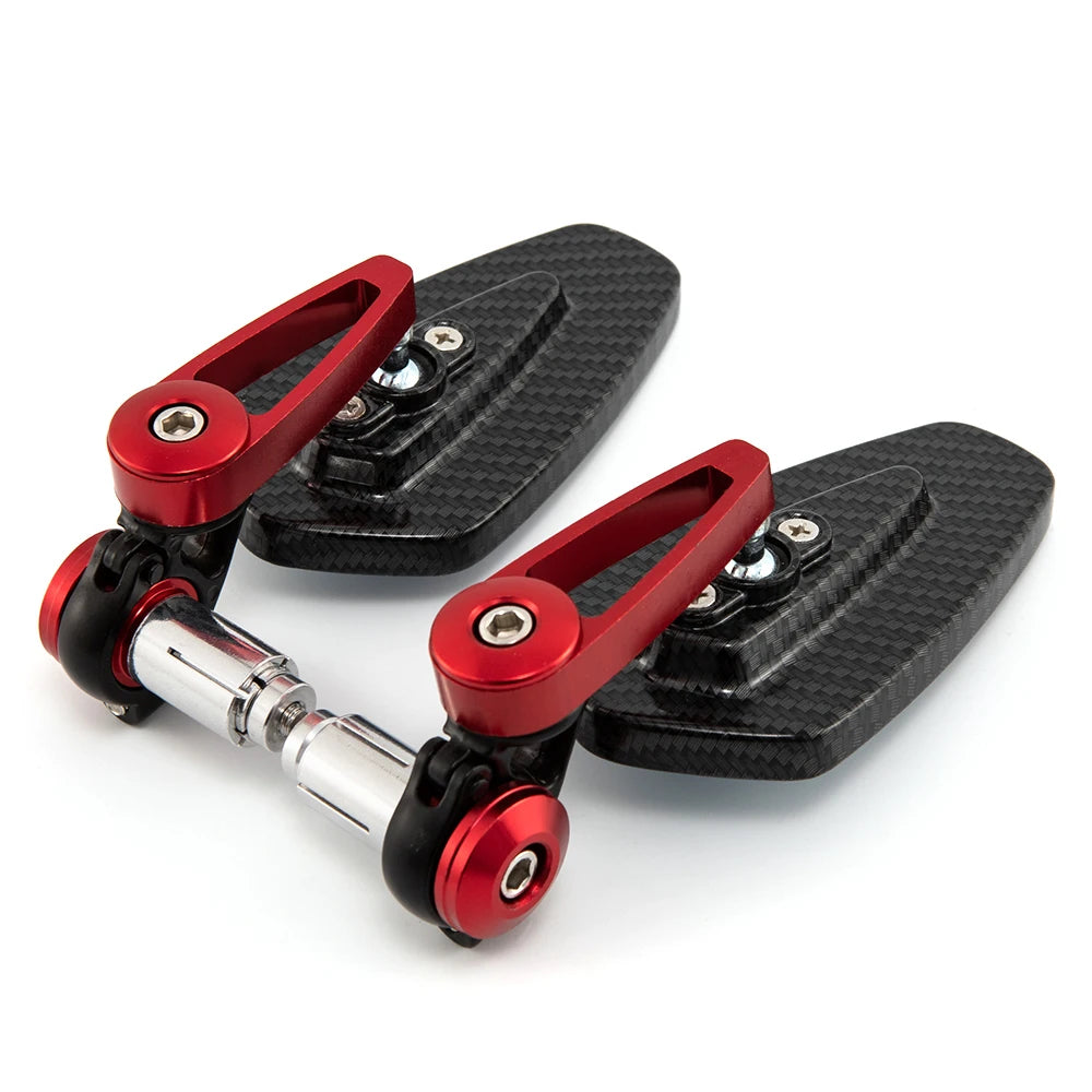 A pair of red and black aluminum handlebar side motorcycle rearview mirrors.