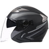 A black motorcycle helmet with a clear visor and silver accents shown from the side.