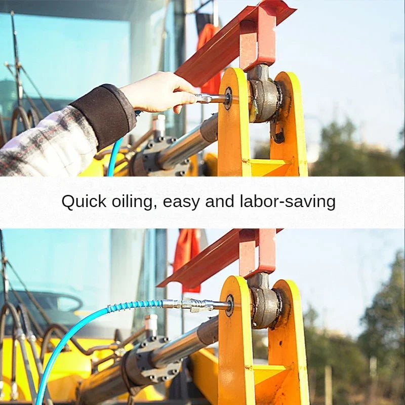 Une main utilise un coupleur d'outil graisse sur une machine jaune et rouge pour un graissage rapide.