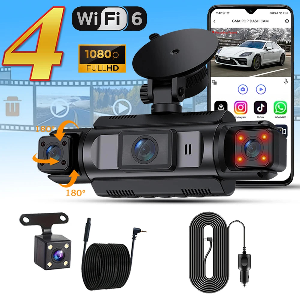 A black 1080P WiFi dash cam is shown with various accessories including a separate camera, a coiled cable, and a power adapte