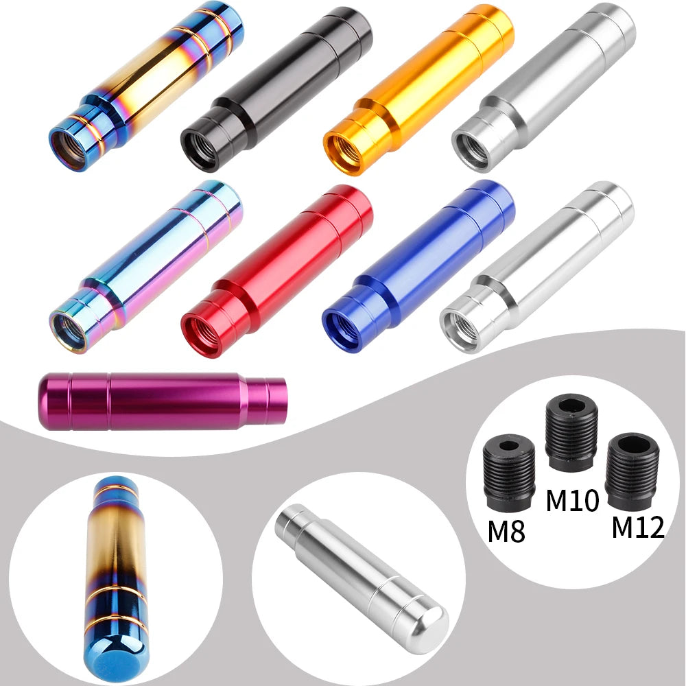 A collection of JDM style aluminum gear shift knobs in various colors and sizes, including silver, gold, blue, red, and purpl