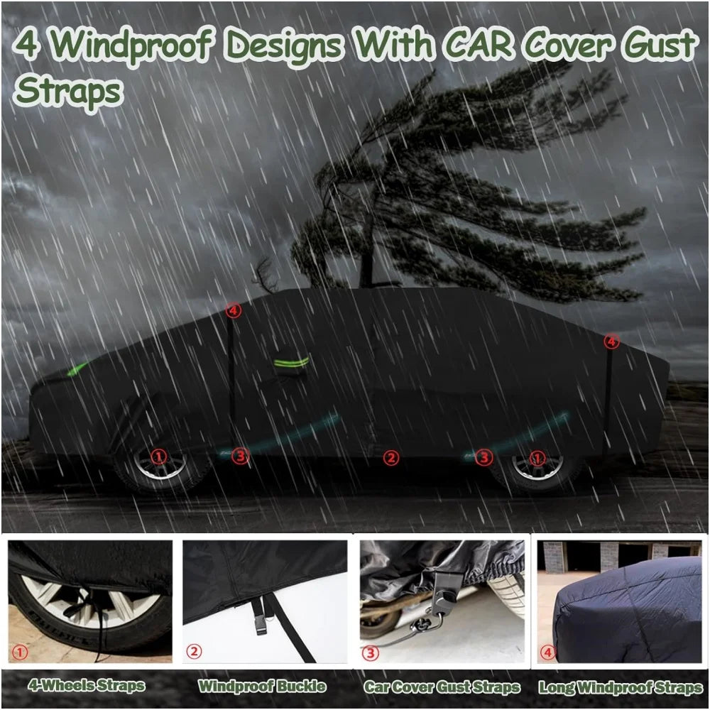 Four windproof designs with CAR cover gust straps shown on a black car.