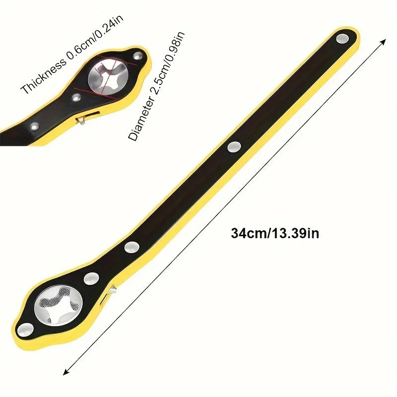A long, black and yellow heavy-duty ratchet wrench with a smooth handle and a round head.