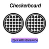 Two black and white checkered coasters with rhinestone borders