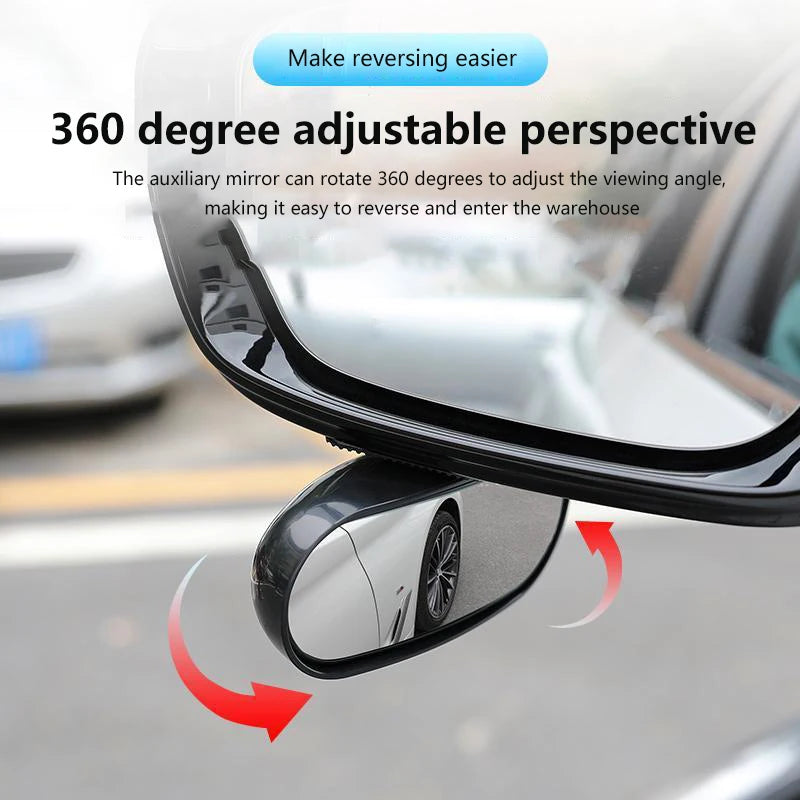 A 360 degree adjustable rearview mirror is shown mounted on a car window, demonstrating its ability to rotate for easier reve