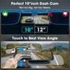 A hand is shown touching a dual-camera car dash cam mounted on a windshield for a clear view.