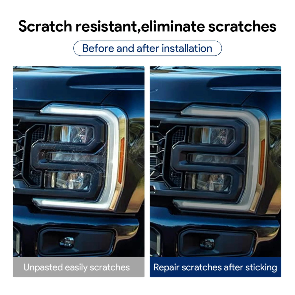 Before and after installation of scratch resistant paint protection film on a truck headlight.
