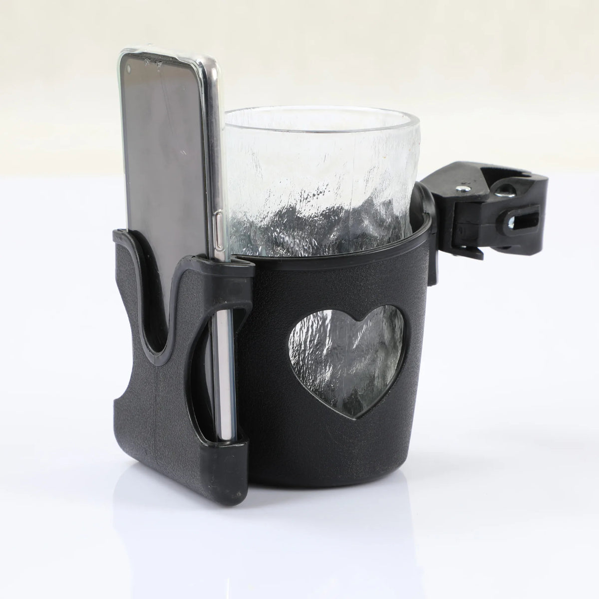 Support multifonction noir pour téléphone et tasse transparente, conçu pour poussettes.