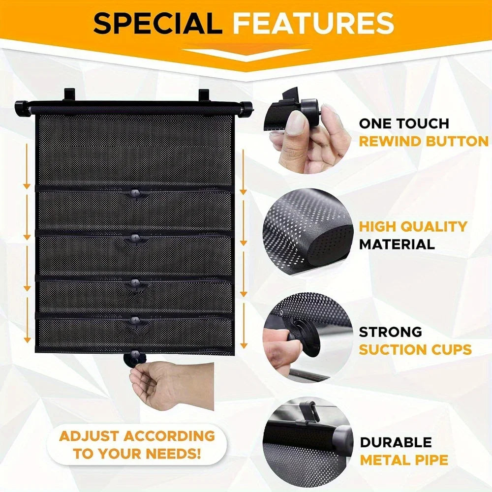 A black retractable car sunshade roller featuring a durable metal pipe and strong suction cups for UV protection.