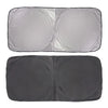 A pair of folding car sunshades, one silver and one dark gray, designed for windshield UV protection.