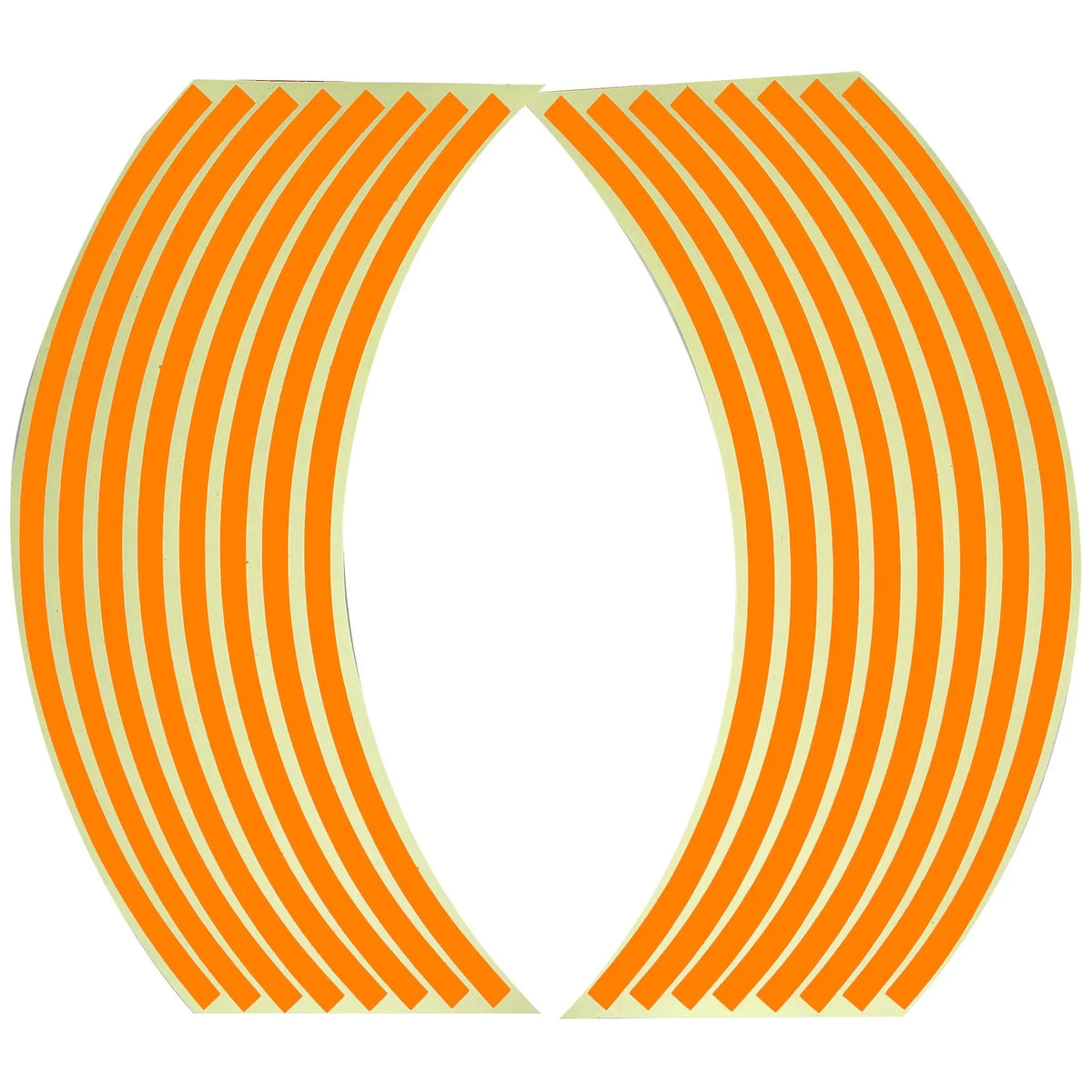 Reflective wheel rim strips for motorcycles and cars, featuring orange vertical stripes.