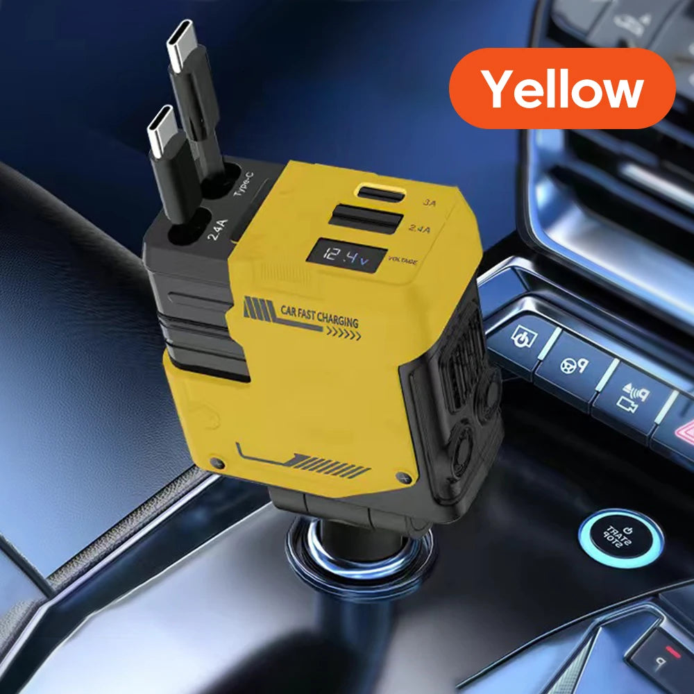 Yellow 120W multi-port car charger plugged into a vehicle's port.
