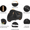 Black all-season motorcycle cover featuring reflective strips, waterproof material, reinforced lock holes, windproof buckles,