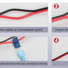 Four steps showing how to split a cable, insert a wire into a tap connector, plug a spade terminal, and complete the connecti