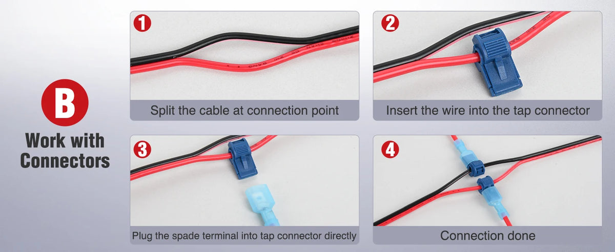 Four steps showing how to split a cable, insert a wire into a tap connector, plug a spade terminal, and complete the connecti