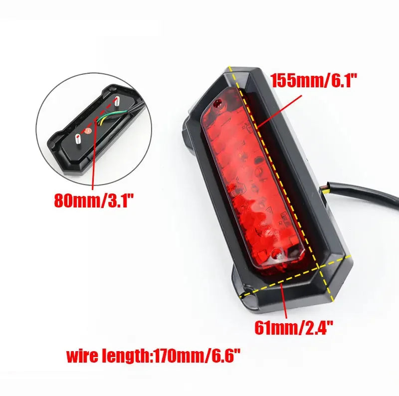 A black universal LED motorcycle brake tail light with dimensions 155mm/6.1" and wire length 170mm/6.6"