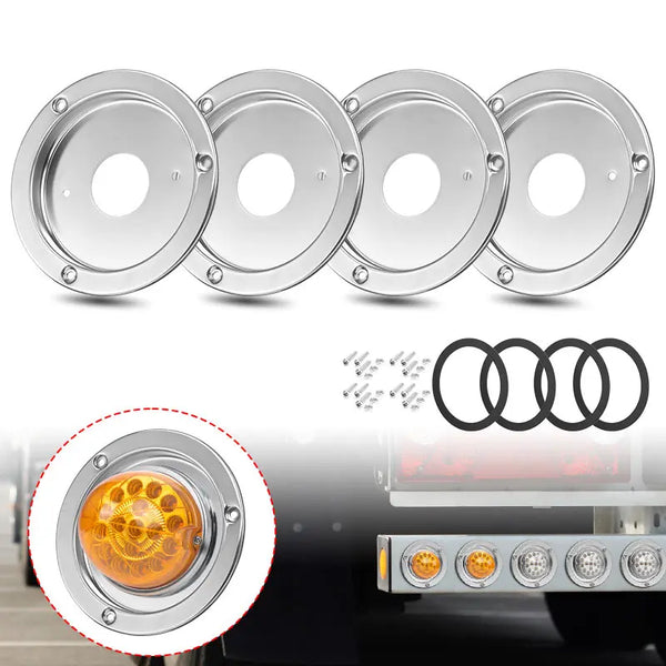 Cuatro soportes de bisel para luces traseras de acero inoxidable universal para remolques y furgonetas, con un ejemplo de un 