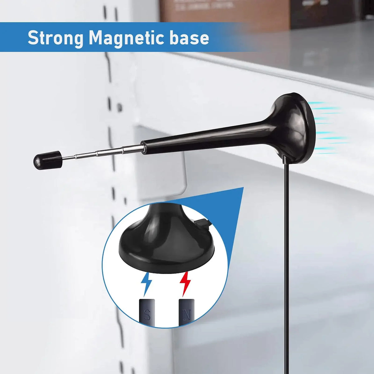 A black high-gain FM/VHF radio antenna with an F-type connector mounted on a magnetic base.