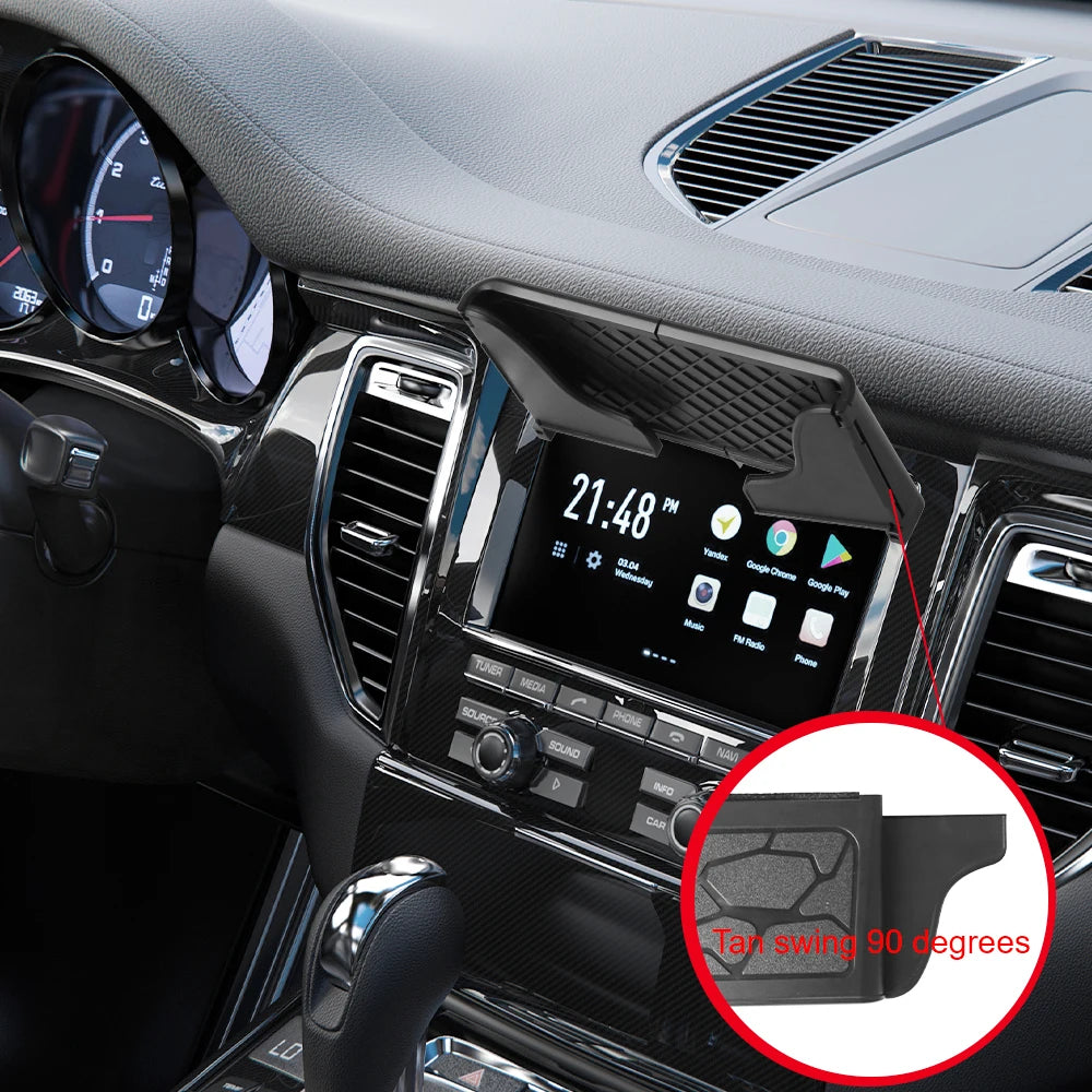 A car GPS navigator sun shield with an adjustable visor is shown mounted on a vehicle dashboard.