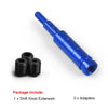 A blue aluminum gear knob extension and three black adapters for a shift lever.