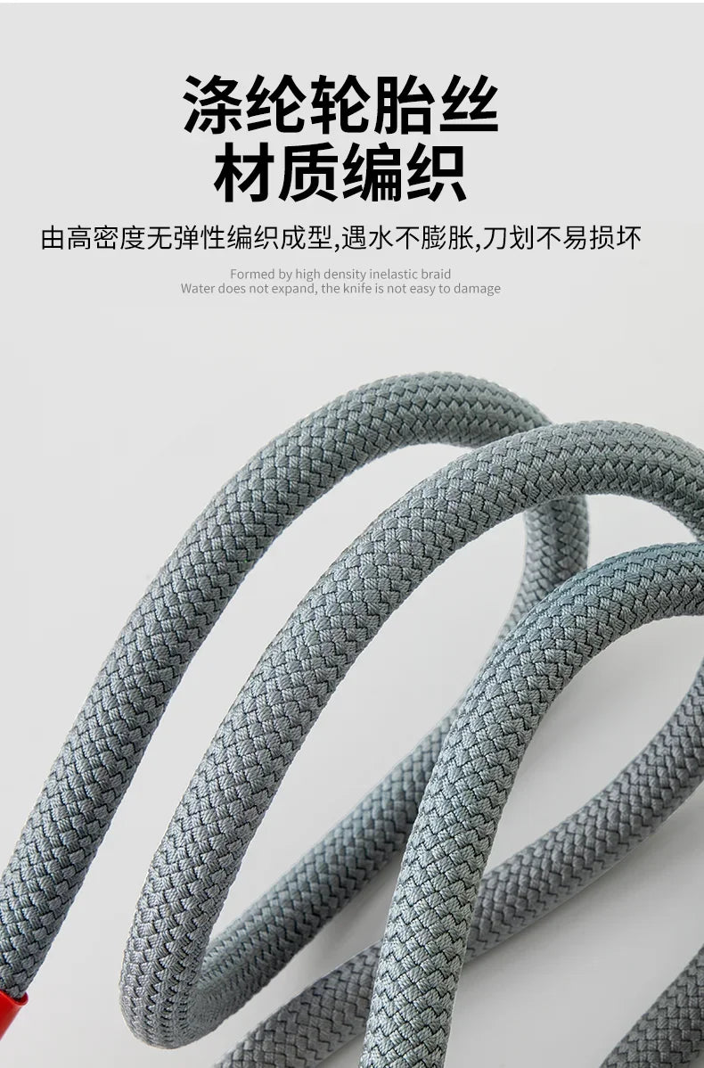 Close-up view of a gray synthetic rope used for towing or binding, showing its braided texture.