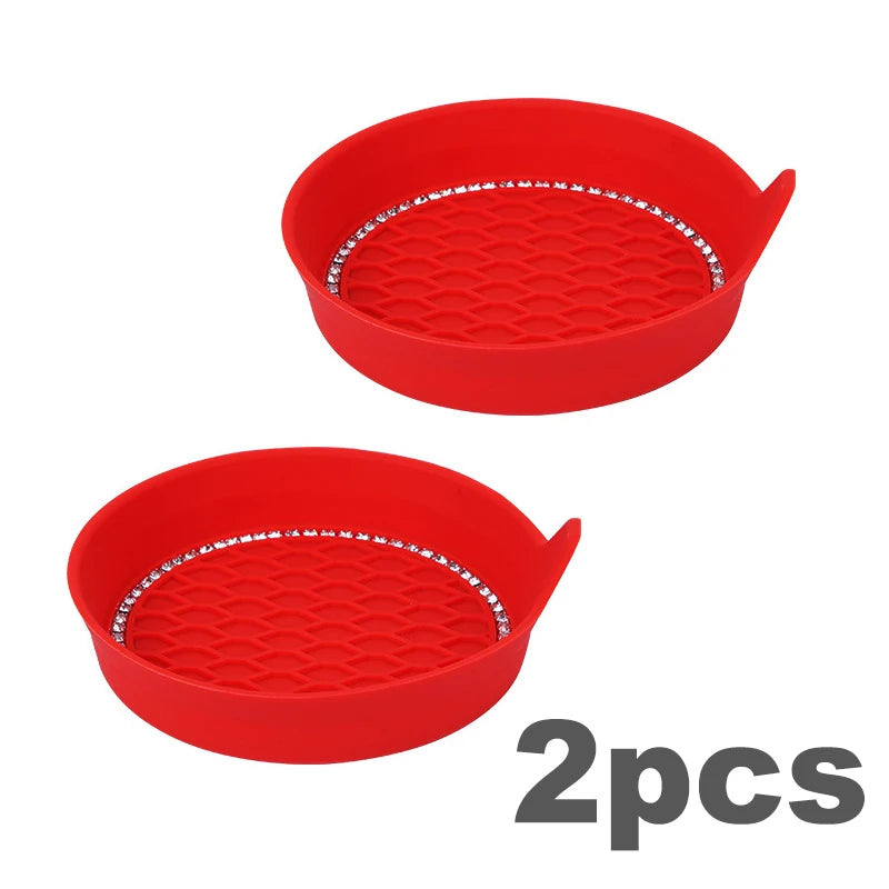 Two red rhinestone car cup holder coasters with textured silicone bottoms