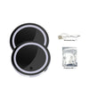 Two black and white LED car cup holder coasters with a charging cable and bag