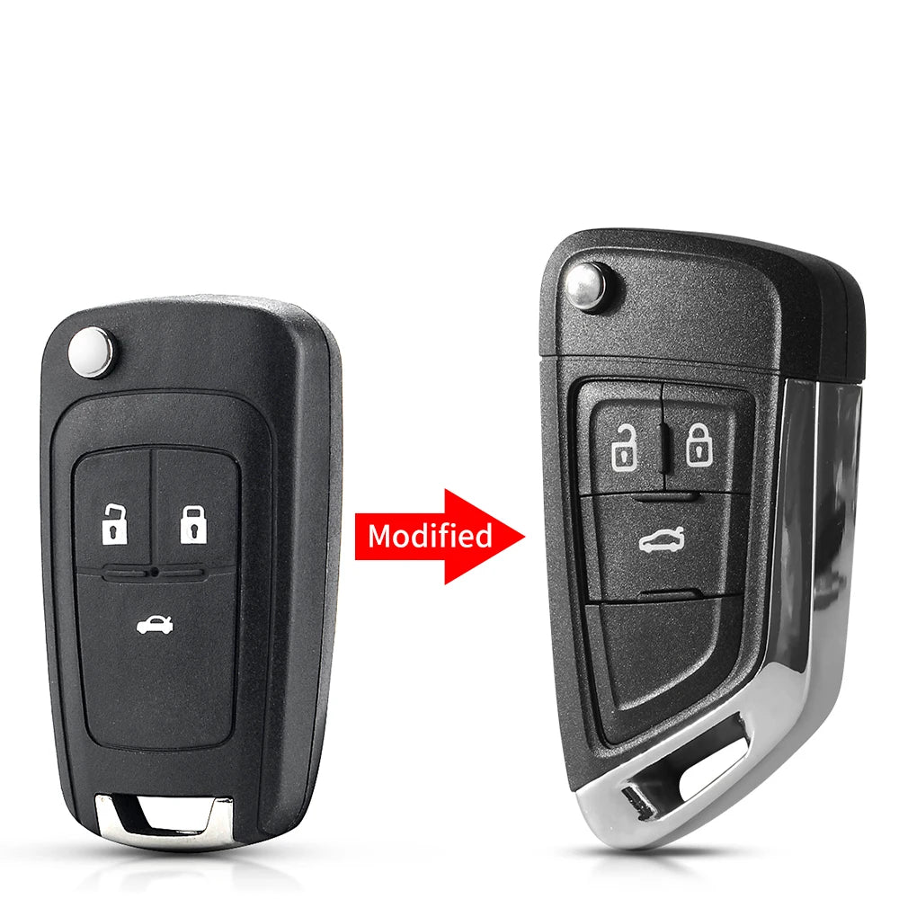 A black replacement flip key shell case for Chevrolet, Buick, Vauxhall, and Opel models with modified features.
