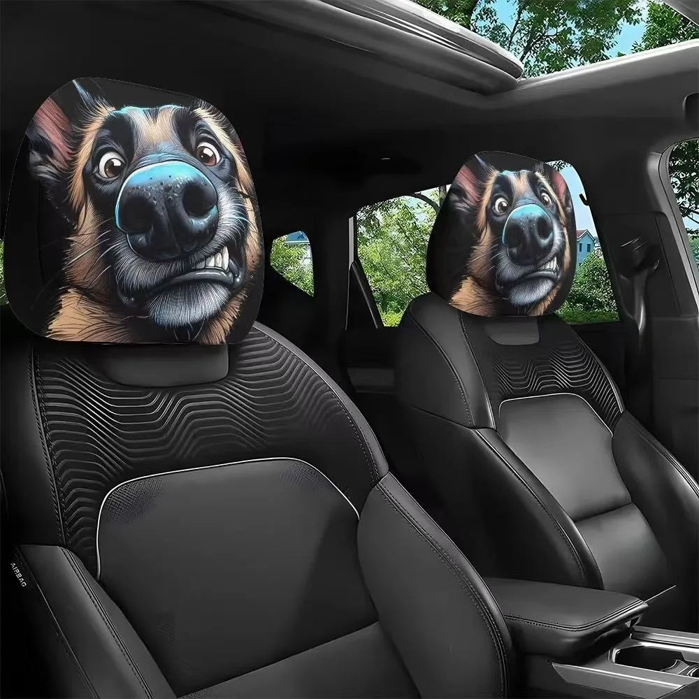 A pair of universal car seat headrest covers featuring decorative dog faces on a black car interior.