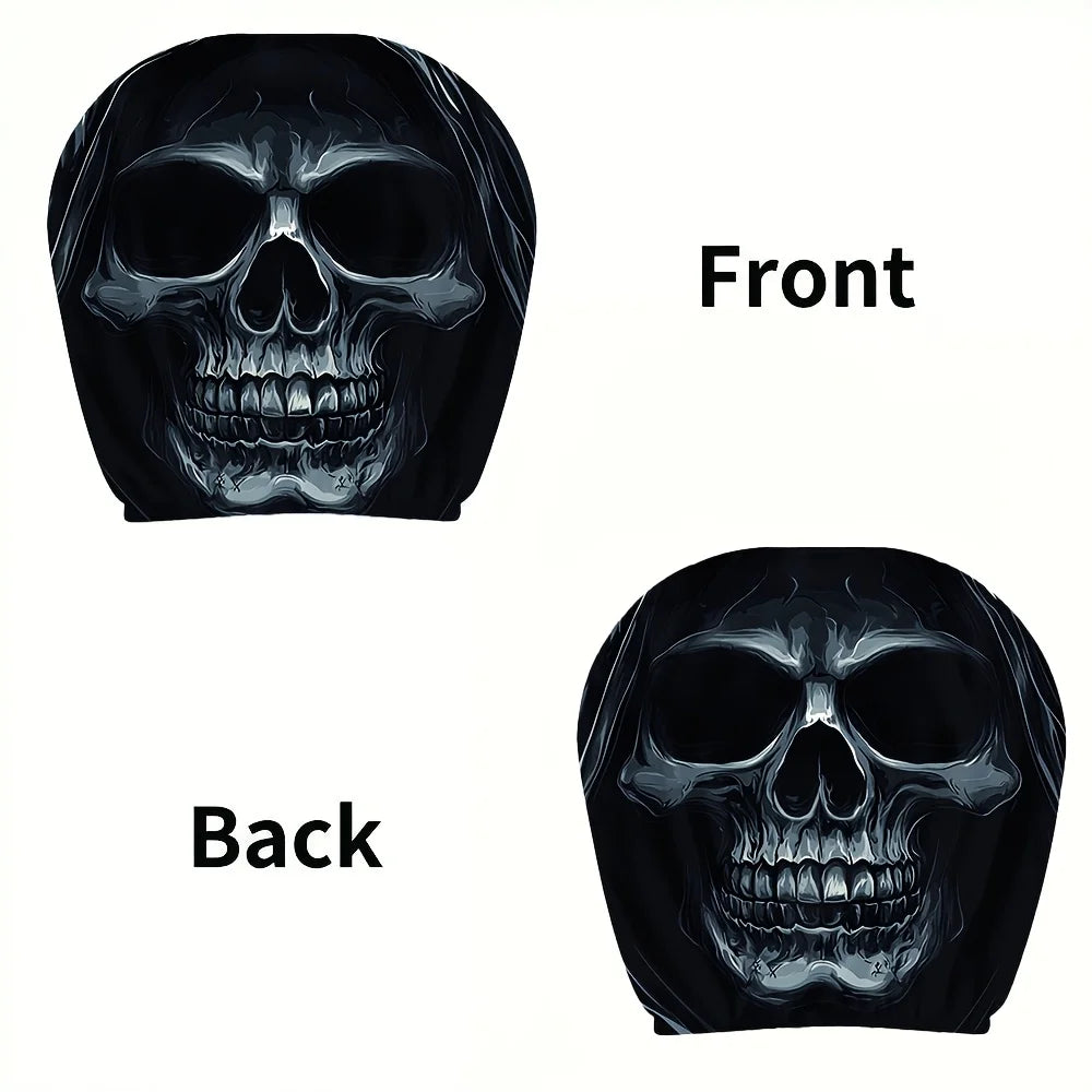A set of two portrait print car headrest covers showing the front and back views of a skull.