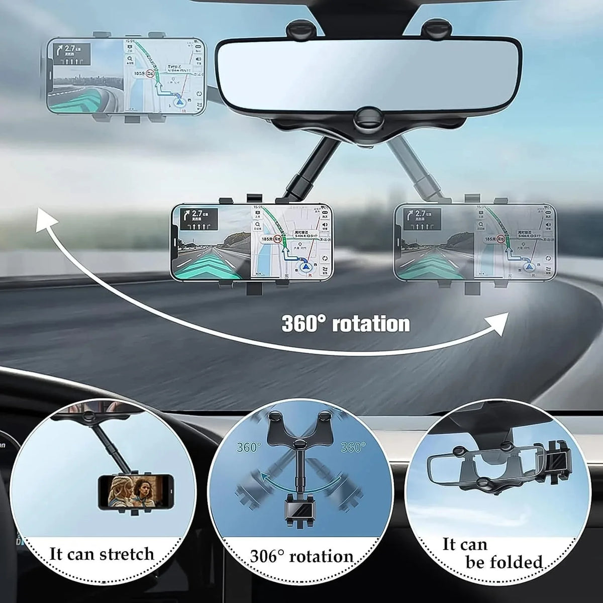 A universal car phone mount demonstrating 360 degree rotation, stretching capability, and folding design.