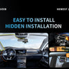Interior view of a car dashboard showing an easy to install hidden installation camera setup.
