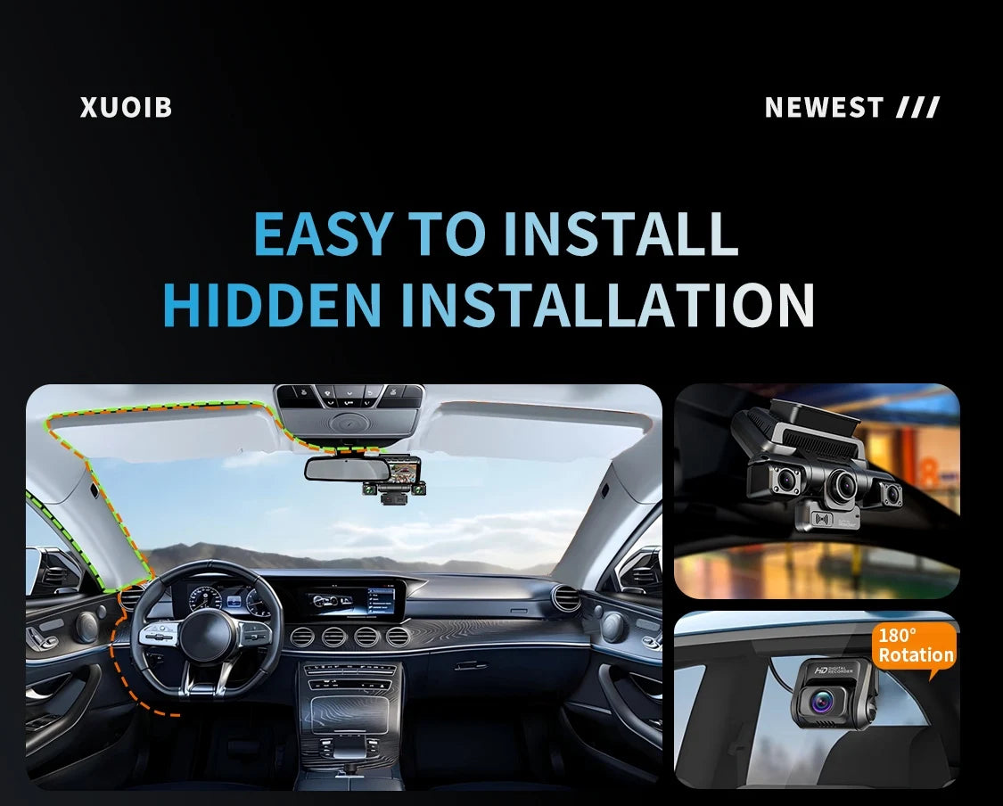 Interior view of a car dashboard showing an easy to install hidden installation camera setup.