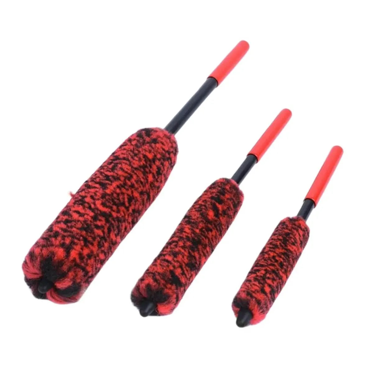 A set of two black and red bendable wheel detailing brushes with long handles