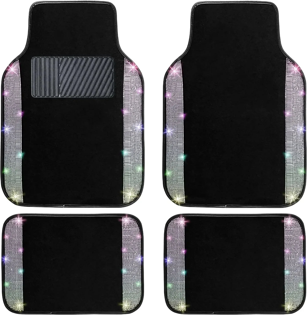 A set of black car floor mats with sparkling diamond accents.