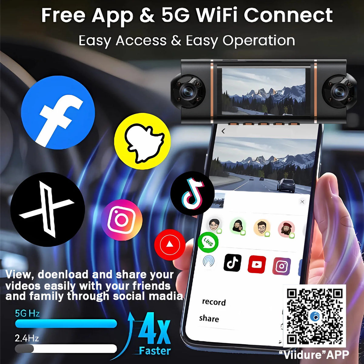 Une main tient un smartphone affichant l'interface VidureAPP, avec un appareil WiFi 5G et des icônes de médias sociaux visibl