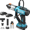A blue and black portable tool kit featuring a power tool, tire inflator, vacuum, and LED light.