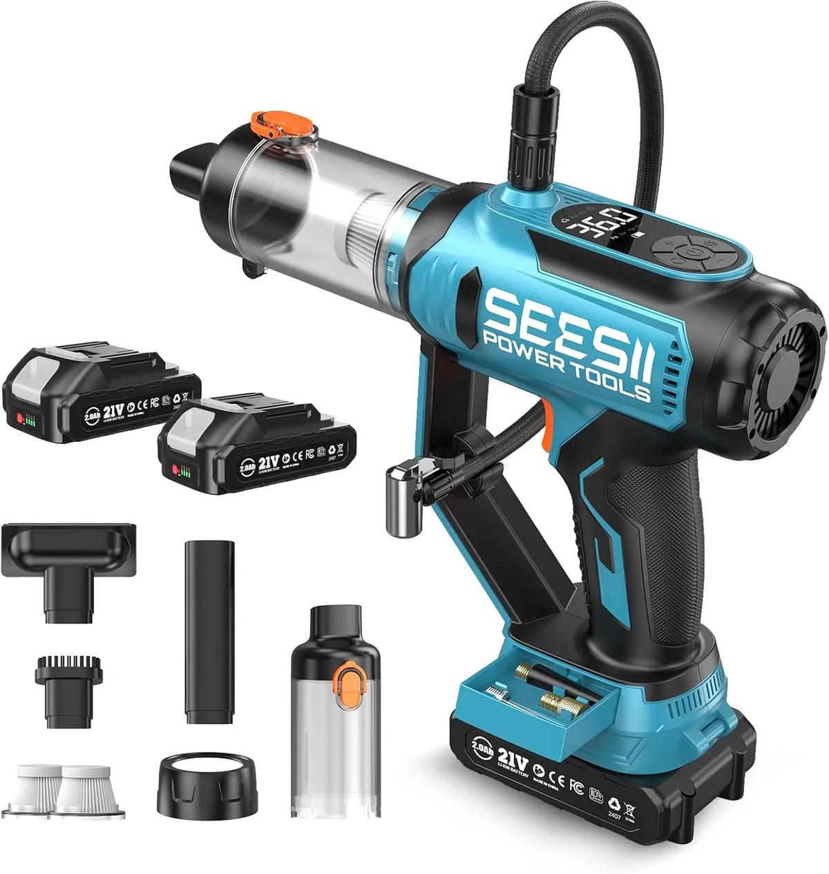 A blue and black portable tool kit featuring a power tool, tire inflator, vacuum, and LED light.