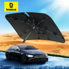 A black car windshield sun shade umbrella is shown above a dark car in a desert landscape.