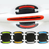 A set of reflective door handle protector strips in black, red, and blue for automotive use.