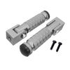 A pair of silver aluminum alloy foldable foot pegs with textured grips and mounting plates.